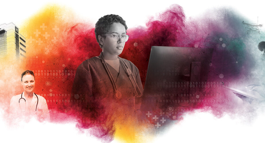 nurse on computer in front of colorful background