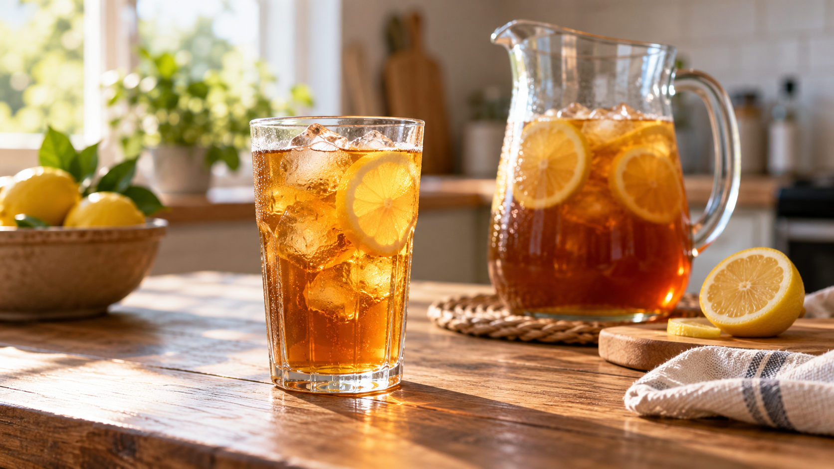 Un grand verre de thé glacé avec des glaçons et une tranche de citron, posé sur une table en bois près d'une carafe